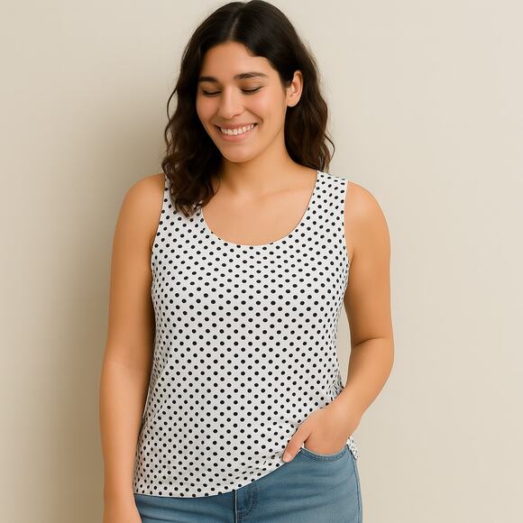 Chicos Womens Tank Top Shell XL White Black Polka Dot Pullover Nylon Spandex - Picture 1 of 7
